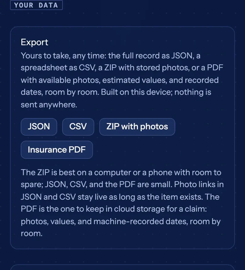 The "Insurance PDF" button in Settings under Your data, alongside the JSON, CSV, and ZIP exports.