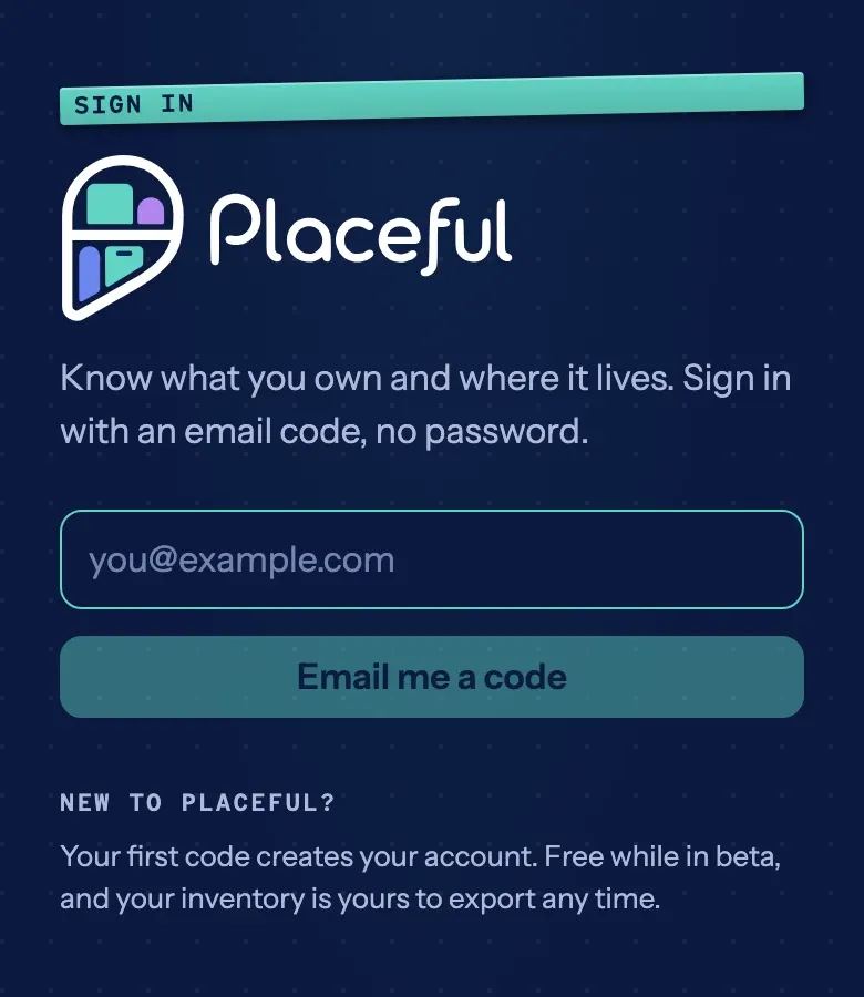 The sign-in screen: an email field, an "Email me a code" button, and a note that your first code creates your account.